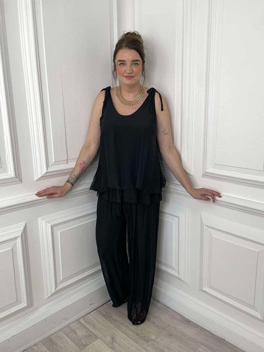 Silk Mix Flowing Palazzos - Black