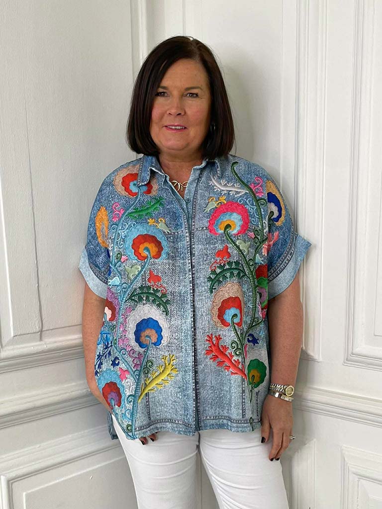 Denim Embroidery Print Shirt