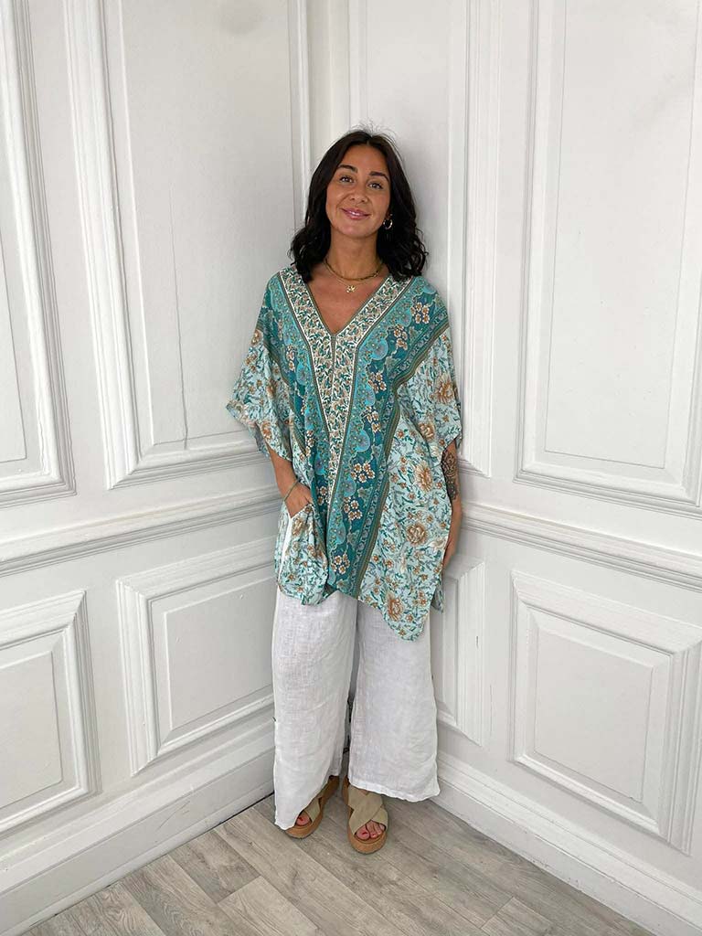 Ornate Floral Kaftan - Mint & Teal