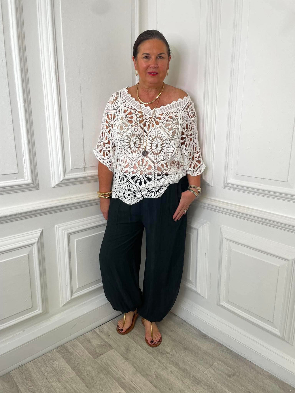 V-Neck Cotton Crochet Top - White