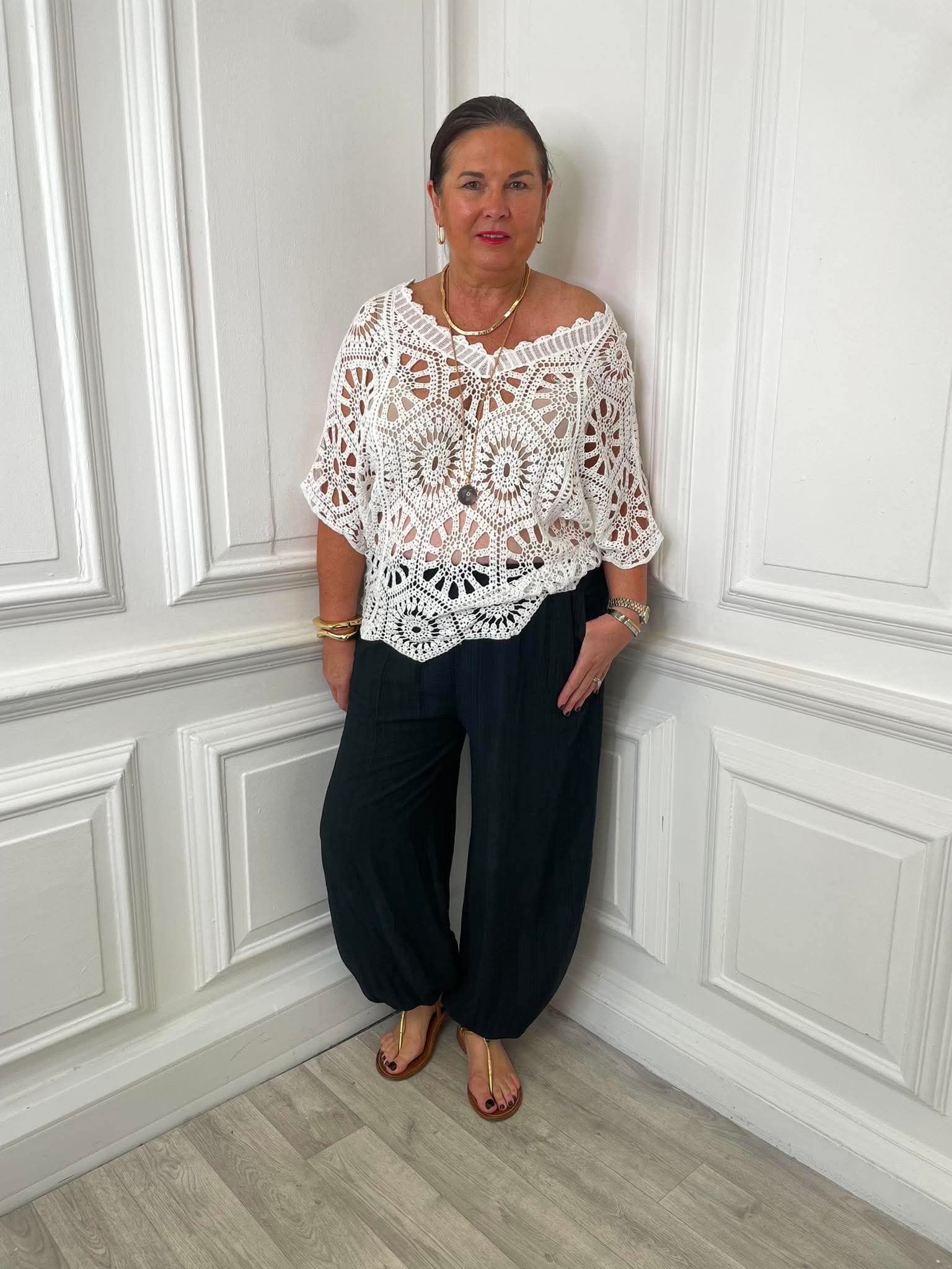 V-Neck Cotton Crochet Top - White