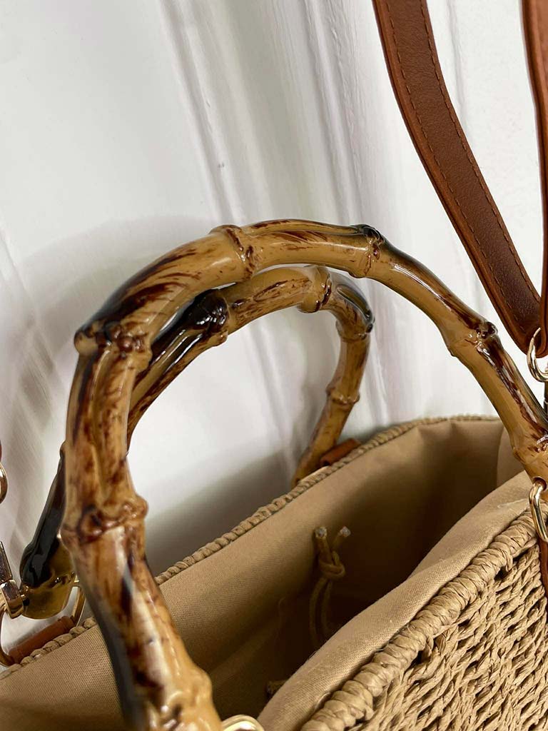 Bamboo Handle Rattan Bag - Caramel