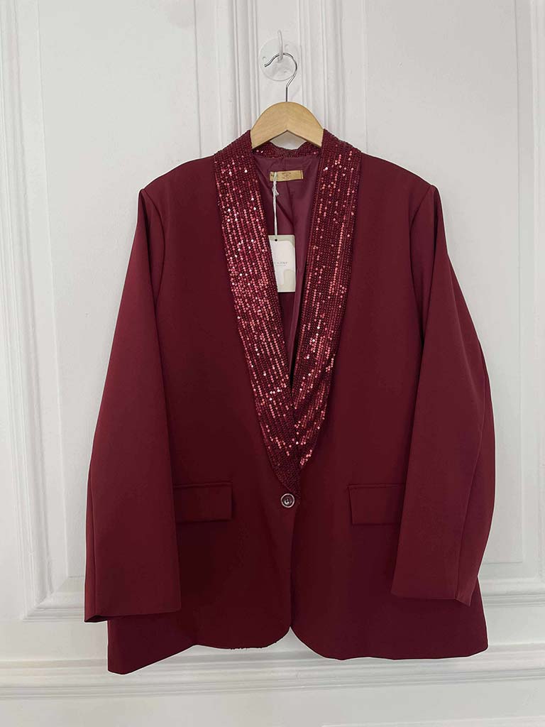Sequin Lapel Blazer - Merlot