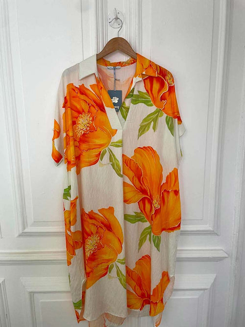 Floral Pocket V-Neck Dress - Orange