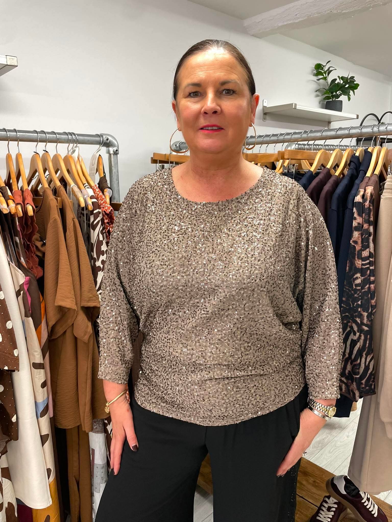 Malissa J Sequin Batwing Top - Latte
