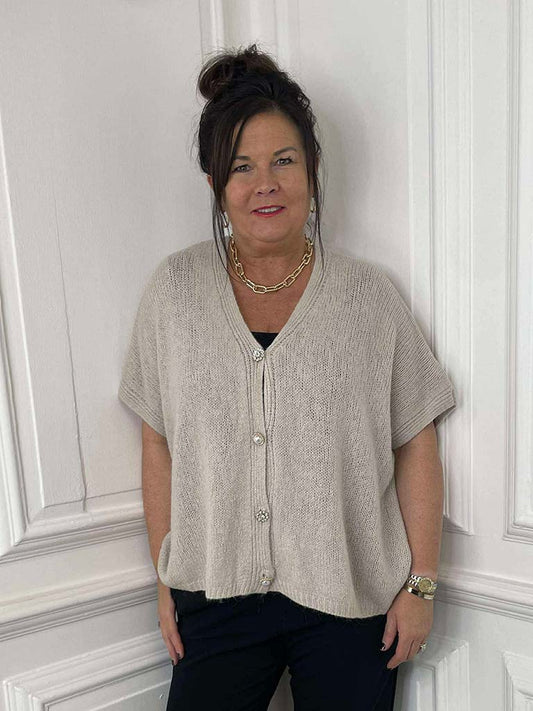 Embellished Button Tank Cardigan - Stone