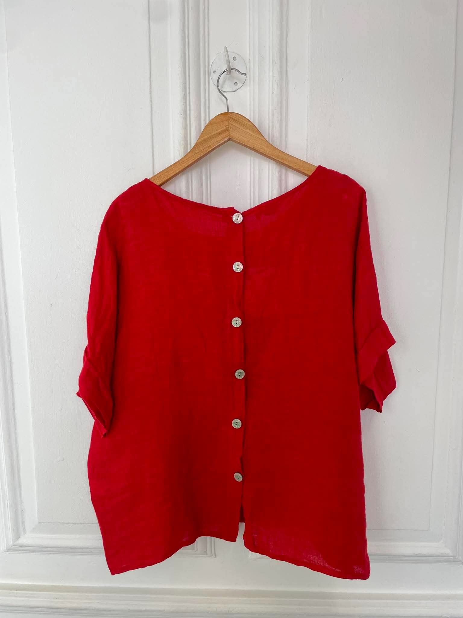 Linen Button Back Pocket Top - Cherry