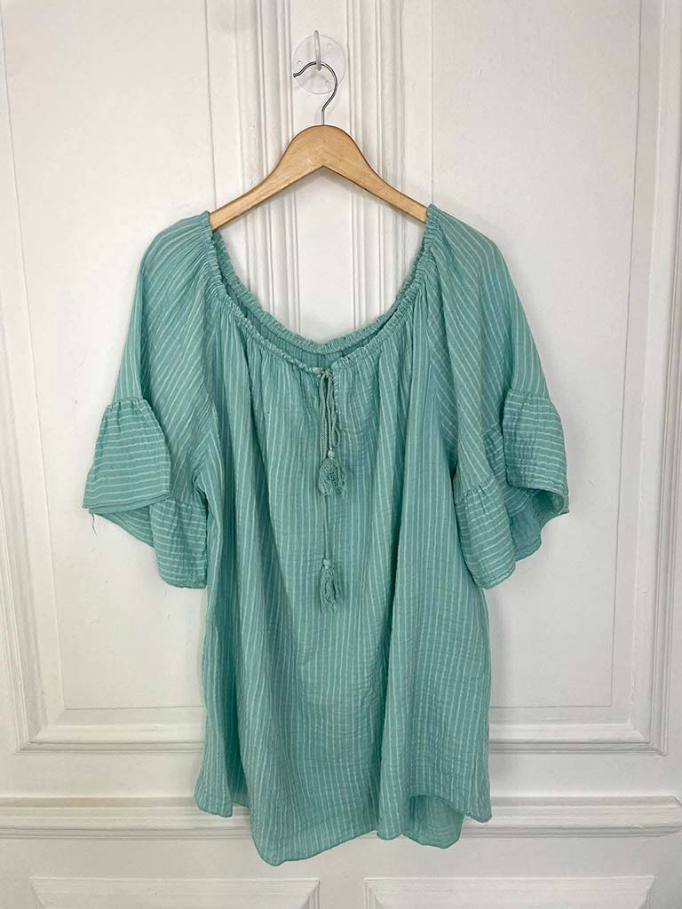 Seersucker Stripe Bardot Top - Mint