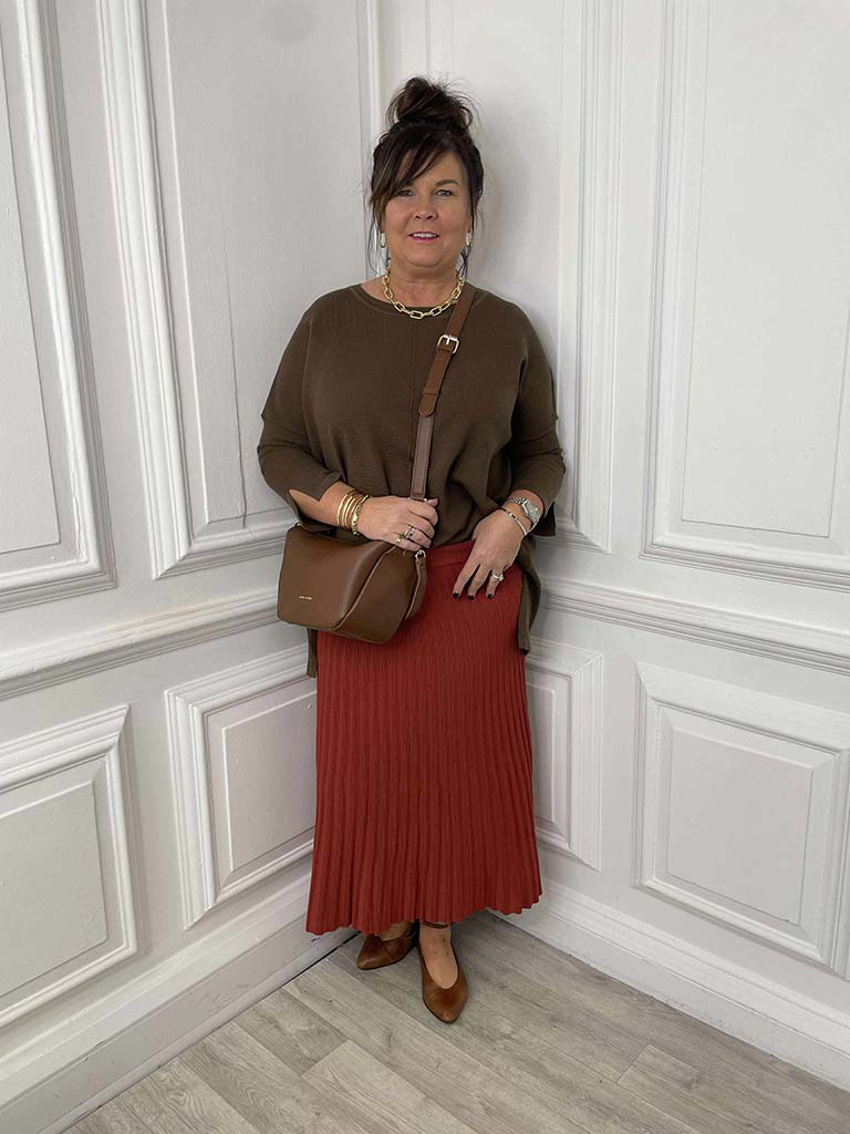 Ribbed Knit A-Line Skirt - Rust