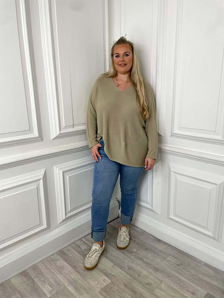 V-Neck Raw Edge Knit - Laurel Green