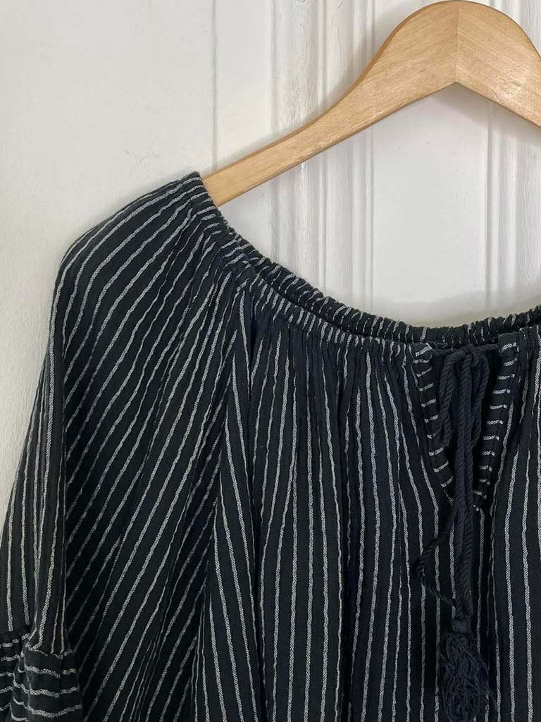 Seersucker Stripe Bardot Top - Black