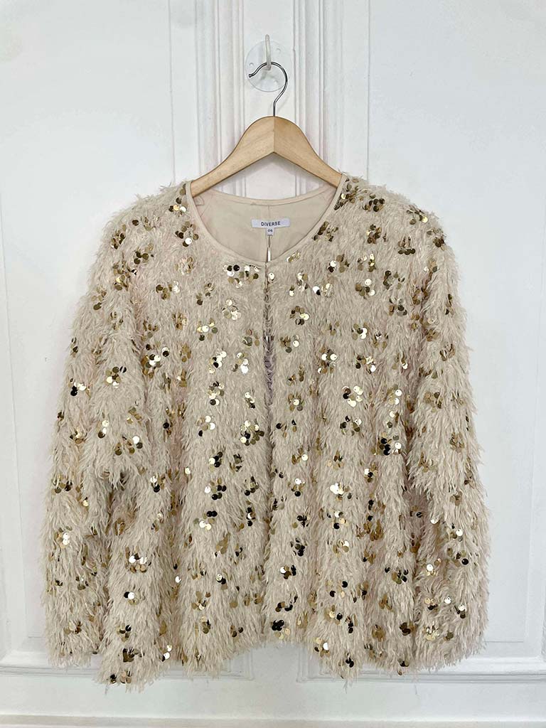 Faux Feather Sequin Jacket - Ecru