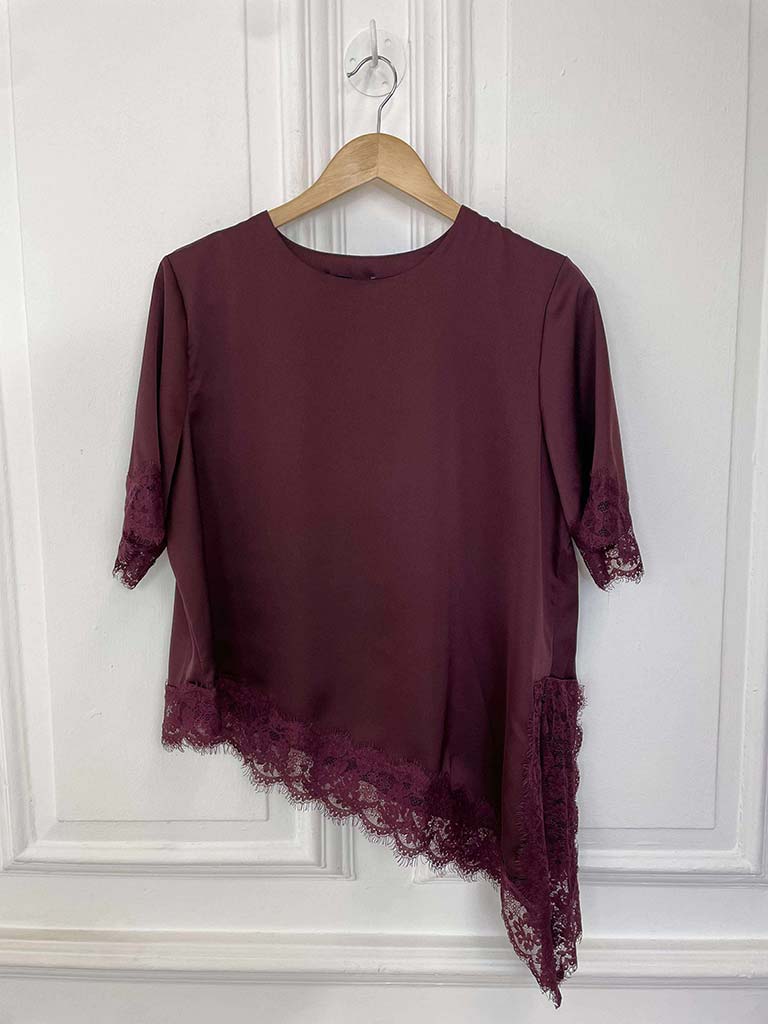 Lace Trim Asymmetric Top - Burgundy