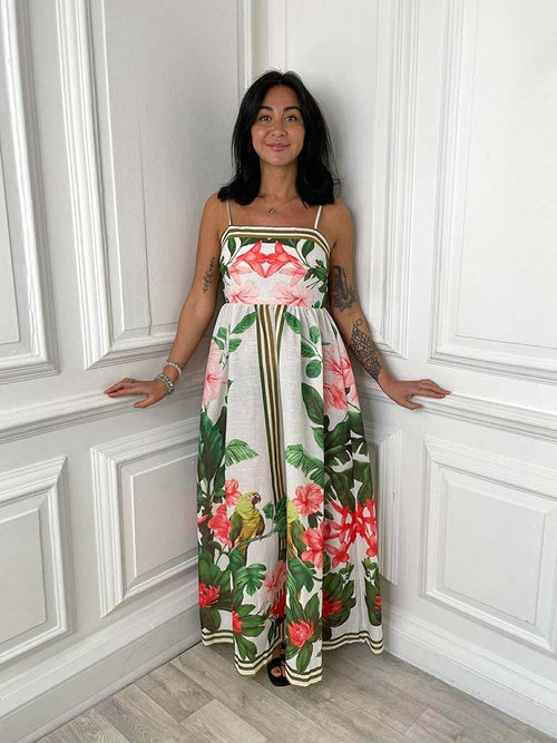 Parrot & Hibiscus Maxi Dress