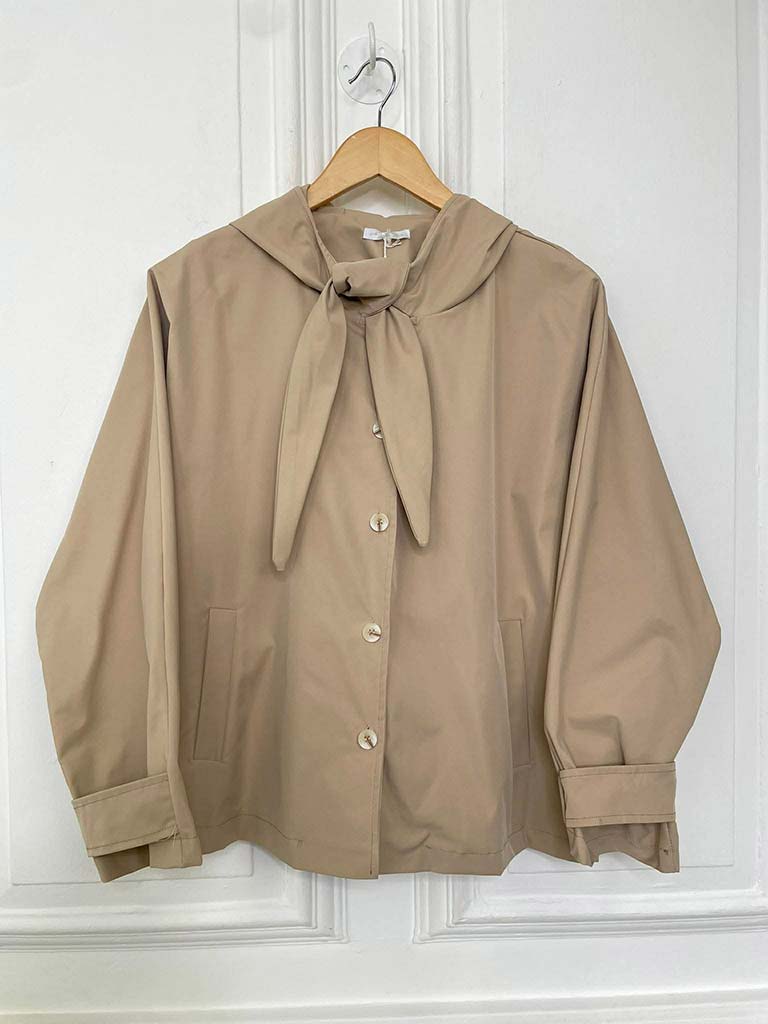 Hooded Tie Neck Jacket - Sand