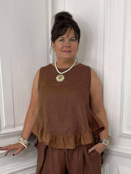 Linen Frill High Low Vest - Chestnut