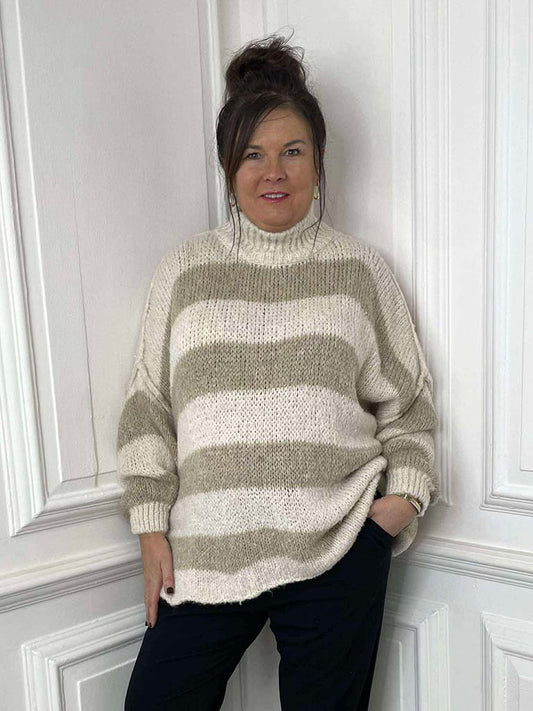 Chunky Exposed Seam Stripe Knit - Ecru & Oat