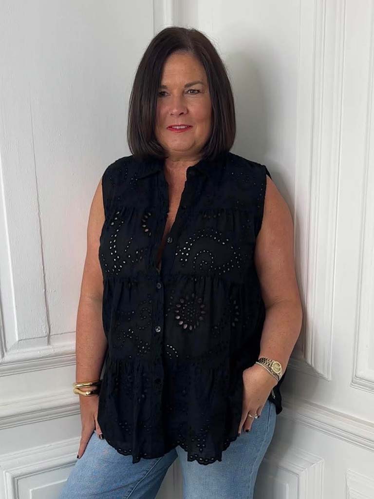 Malissa J Tiered Broderie Anglaise Top - Black