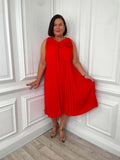 Pleated Flower Midi Dress - Cherry