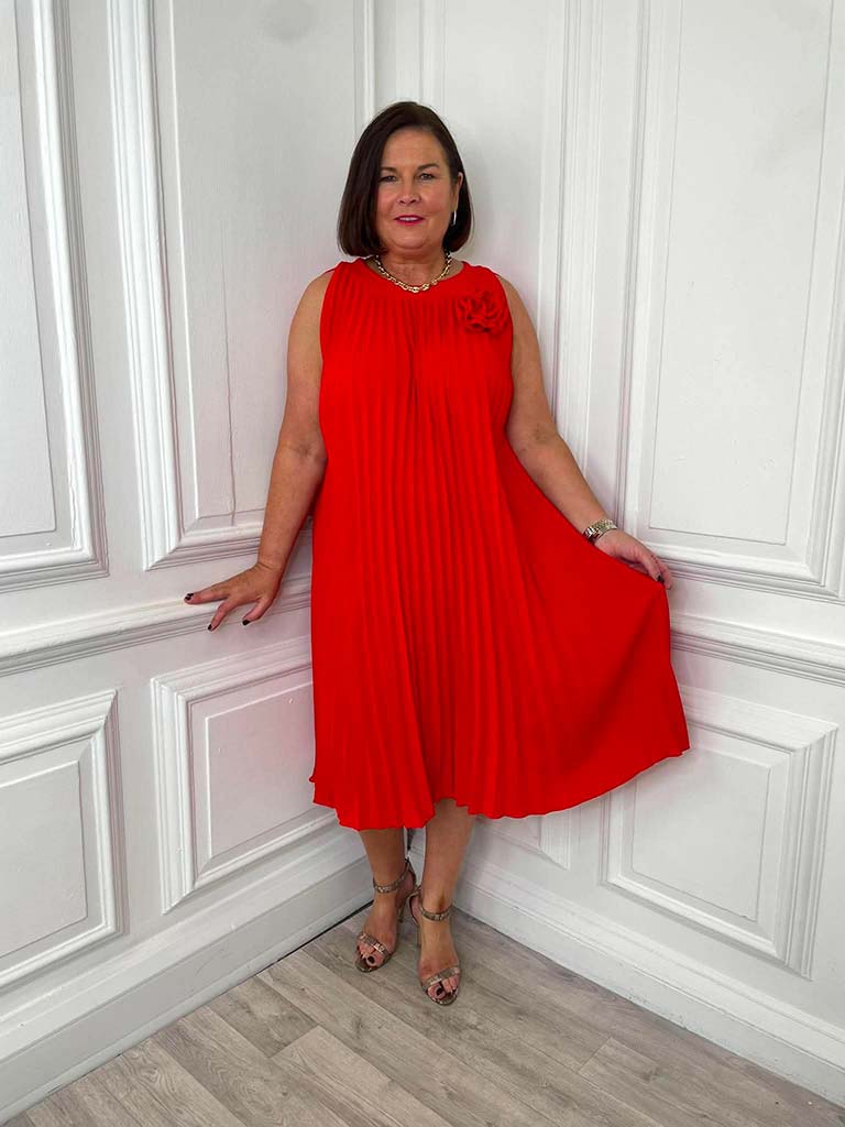 Pleated Flower Midi Dress - Cherry