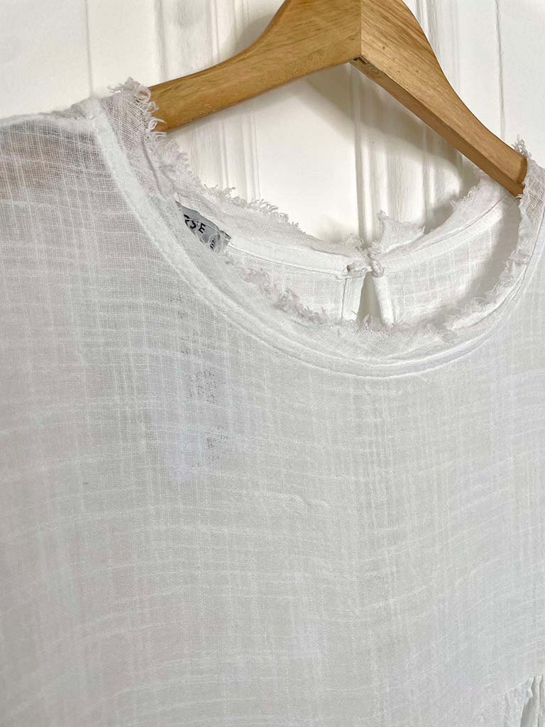 Cotton Balloon Sleeve Smock Top - White