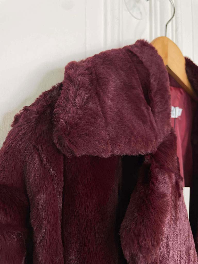 Luxe Faux Fur Long Coat - Burgundy