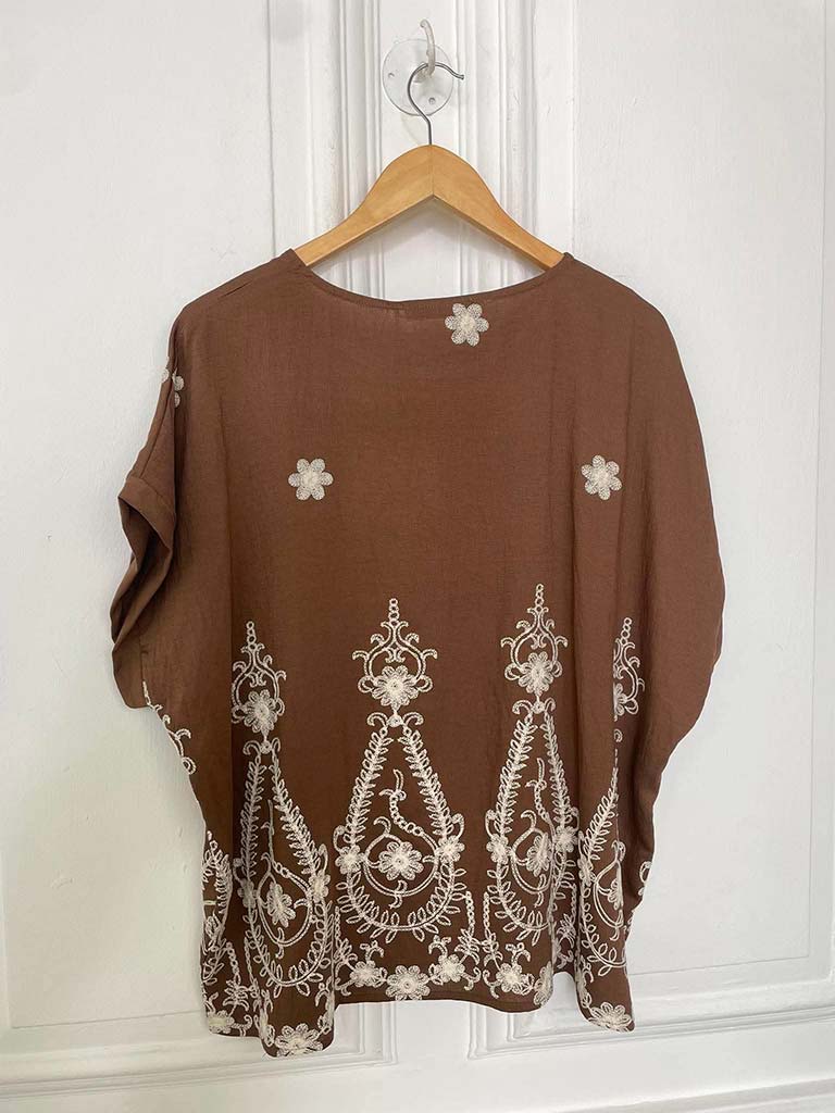 Henna Embroidered Boxy Top - Truffle
