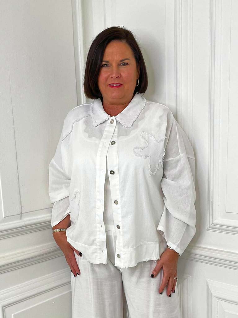 Raw Edge Flower Shacket - White