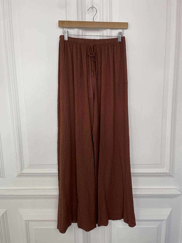 Seersucker Wide Leg Trousers - Burnt Umber