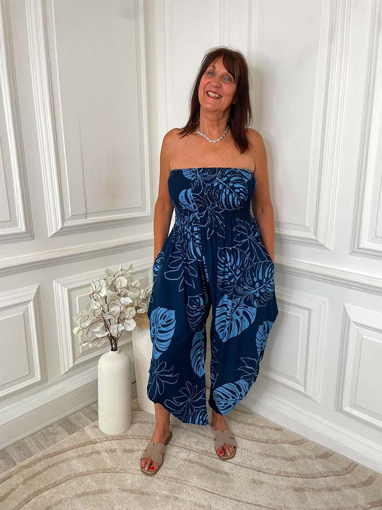 Tropical Leaf Jumpsuit - Navy