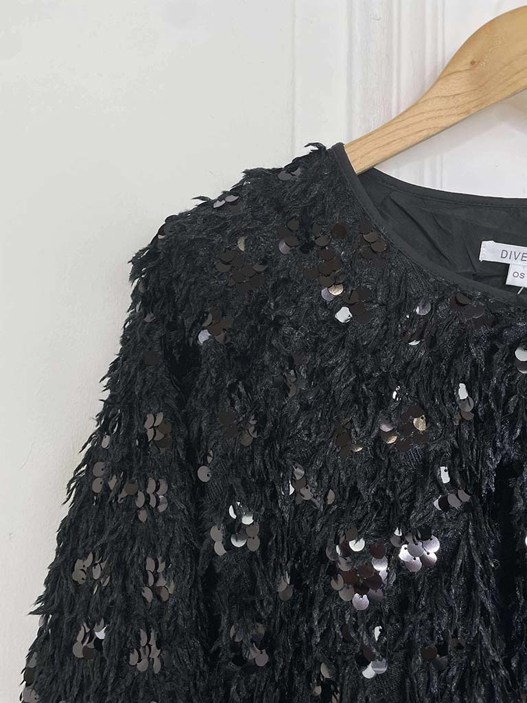 Cropped Faux Feather Sequin Jacket - Black