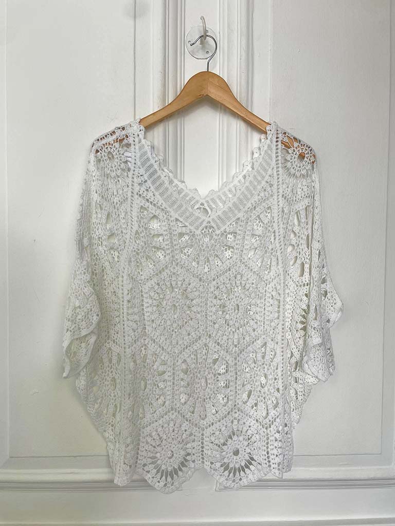 V-Neck Cotton Crochet Top - White