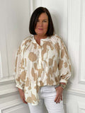 Balloon Sleeve Cow Print Blouse - Stone