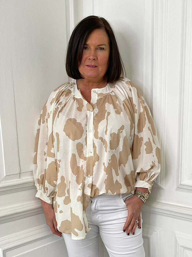 Balloon Sleeve Cow Print Blouse - Stone