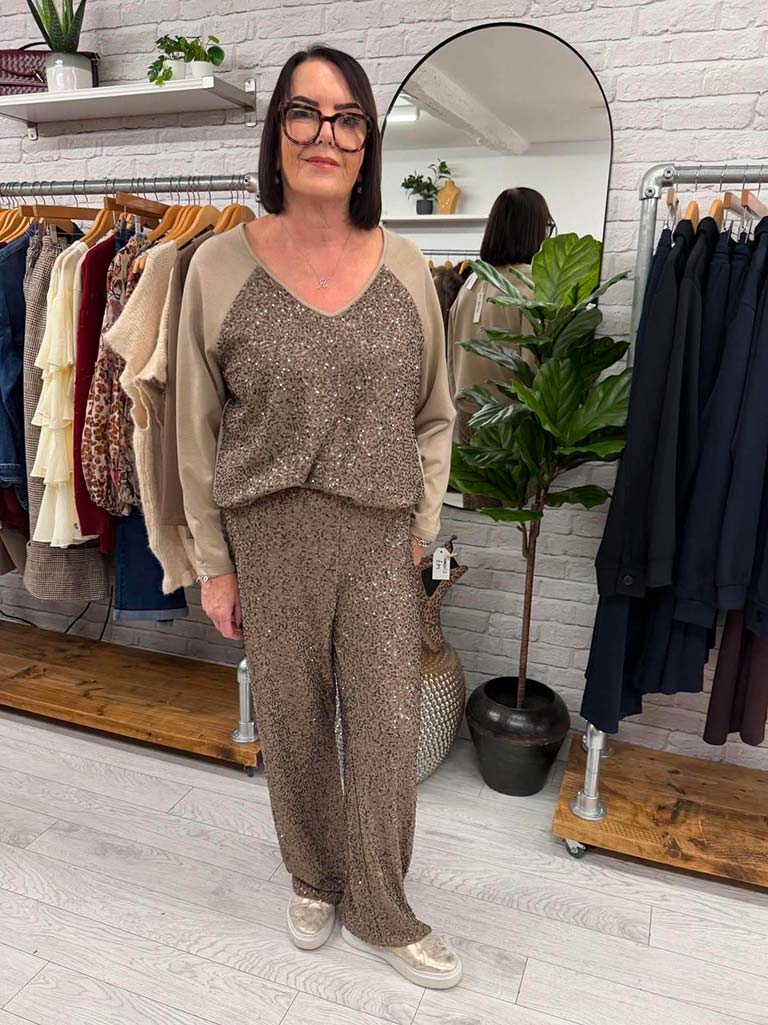 Malissa J Wide Leg Sequin Trousers - Latte