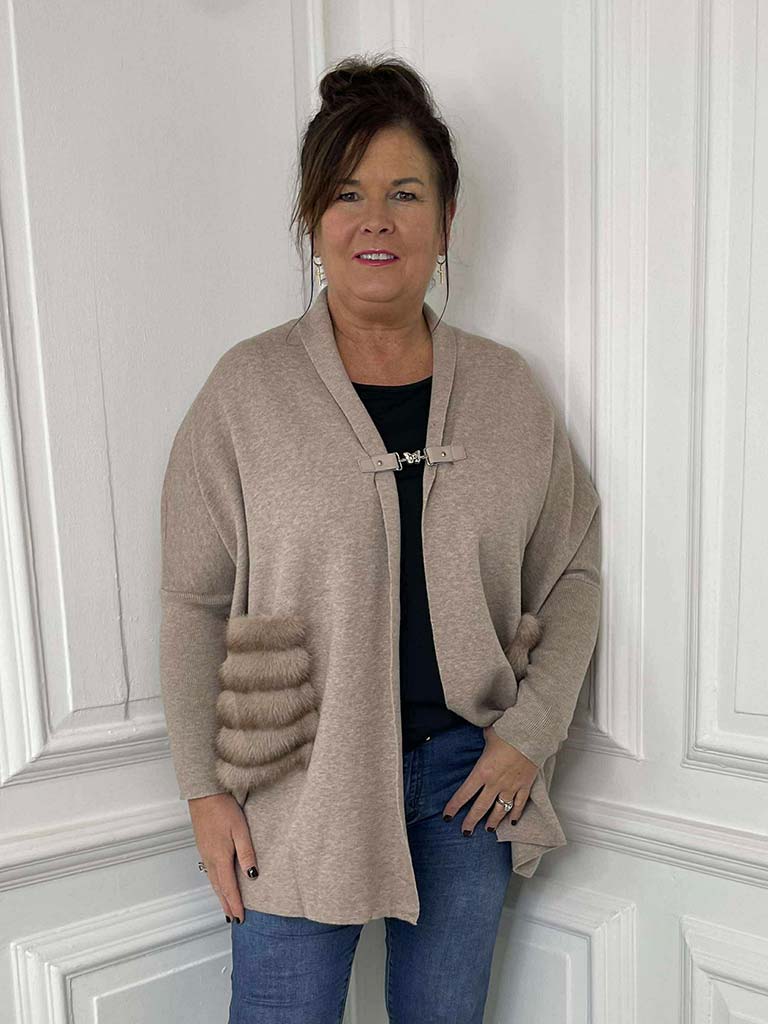 Faux Fur Pocket Cardigan - Fawn