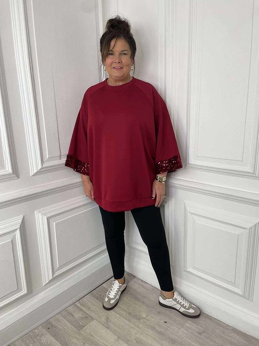 Sequin Cuff Sweatshirt - Merlot