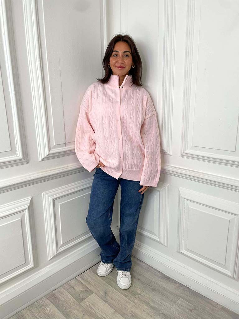 Oversized Cable Knit Cardigan - Petal