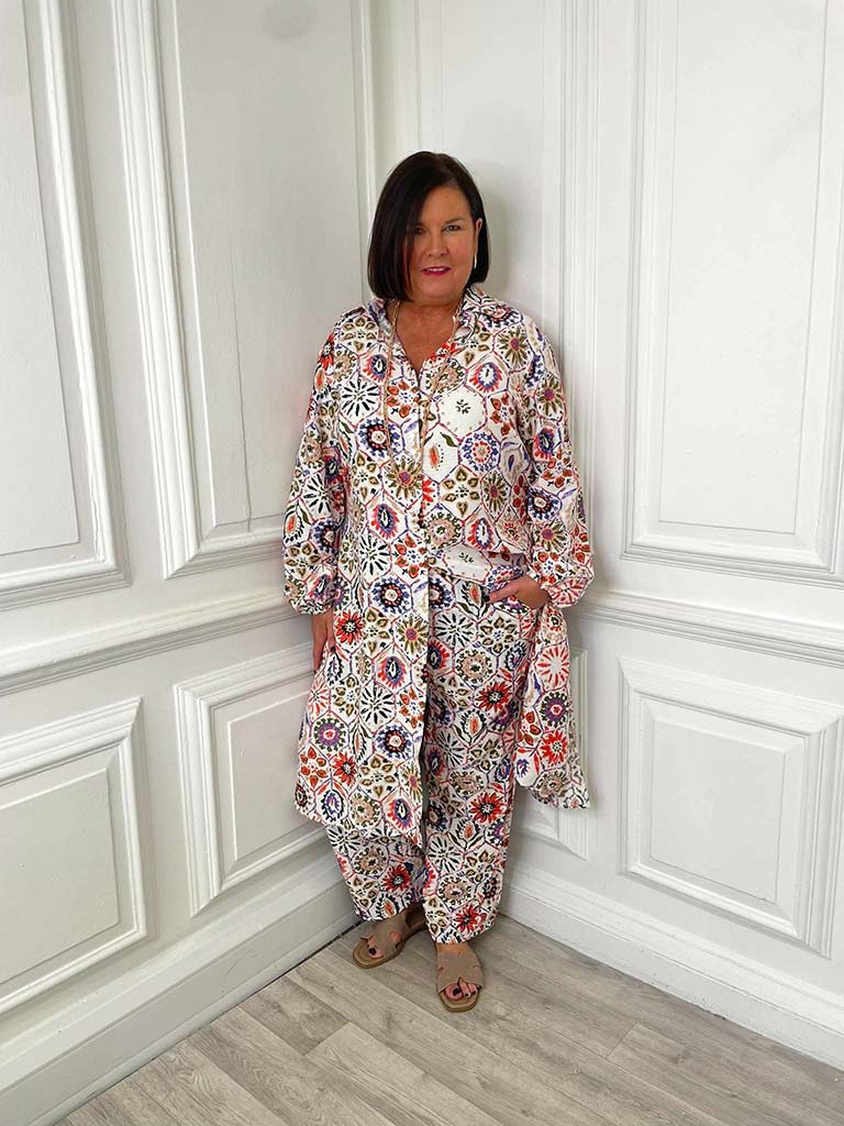 Floral Tile Print Shirt Dress - Orange & Violet