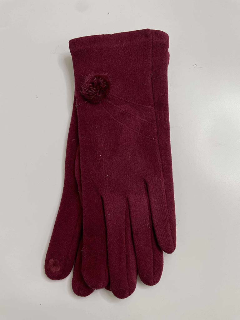 Faux Fur Pom Pom Gloves - Merlot