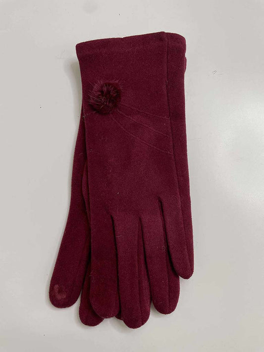 Faux Fur Pom Pom Gloves - Merlot