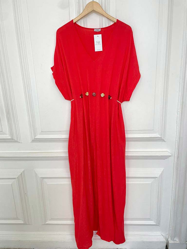 V-Neck Stone Drawstring Dress - Blood Orange