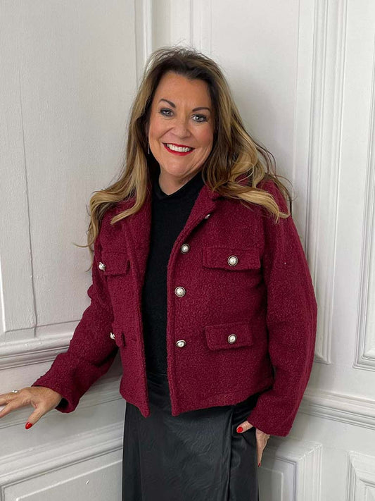 Boucle Pearl Button Jacket - Burgundy