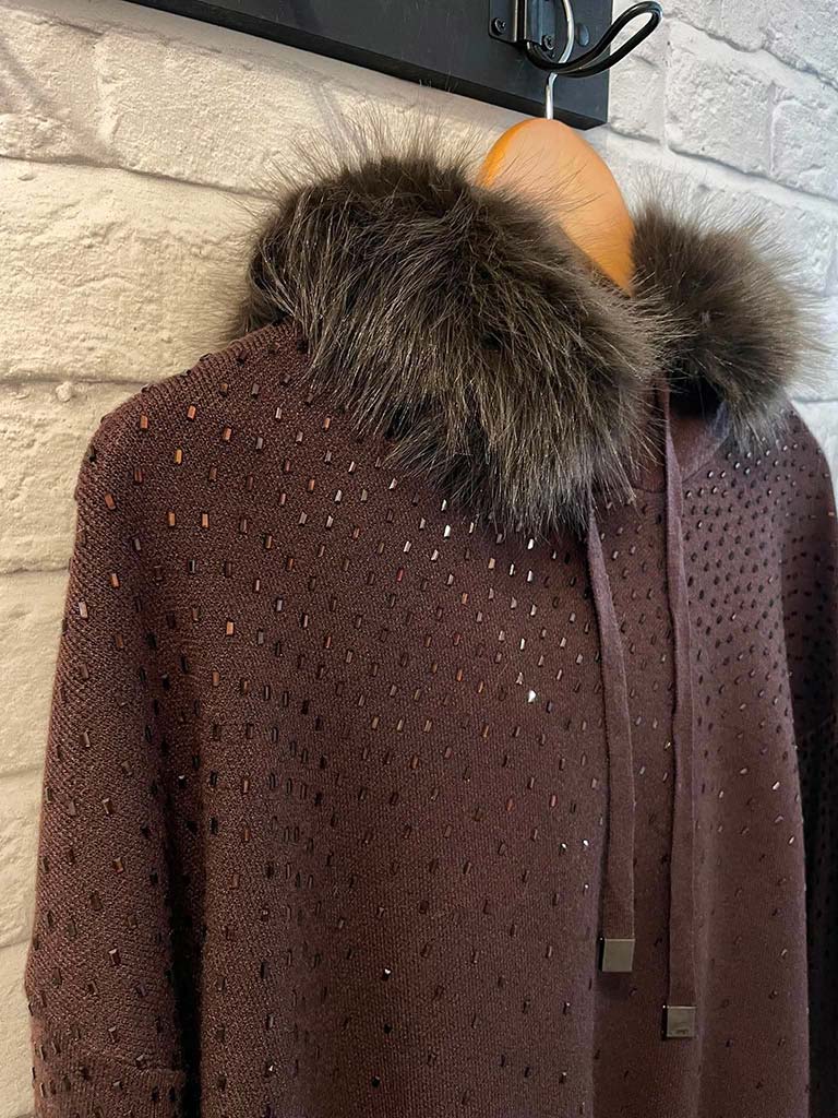 Malissa J Embellished Faux Fur Hoodie - Chocolate