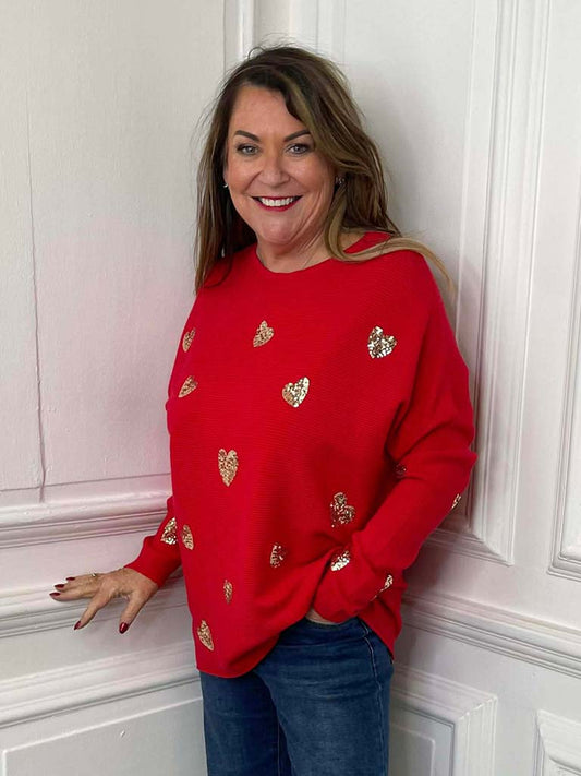 Sequin Heart Knit - Red