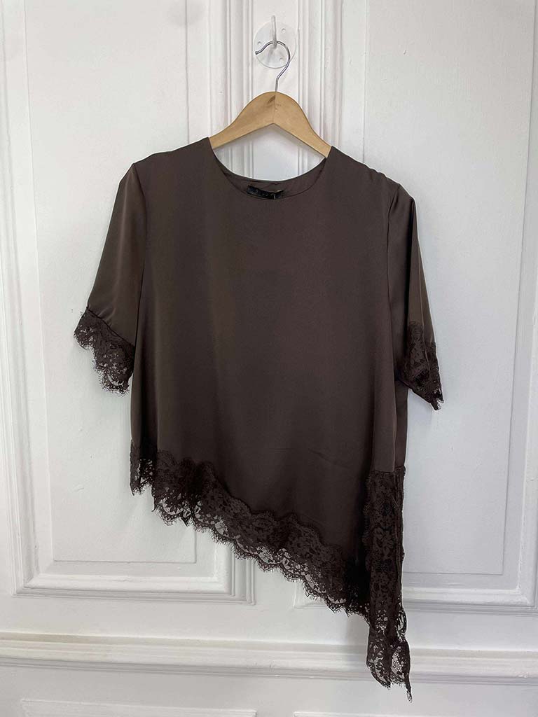Lace Trim Asymmetric Top - Chocolate
