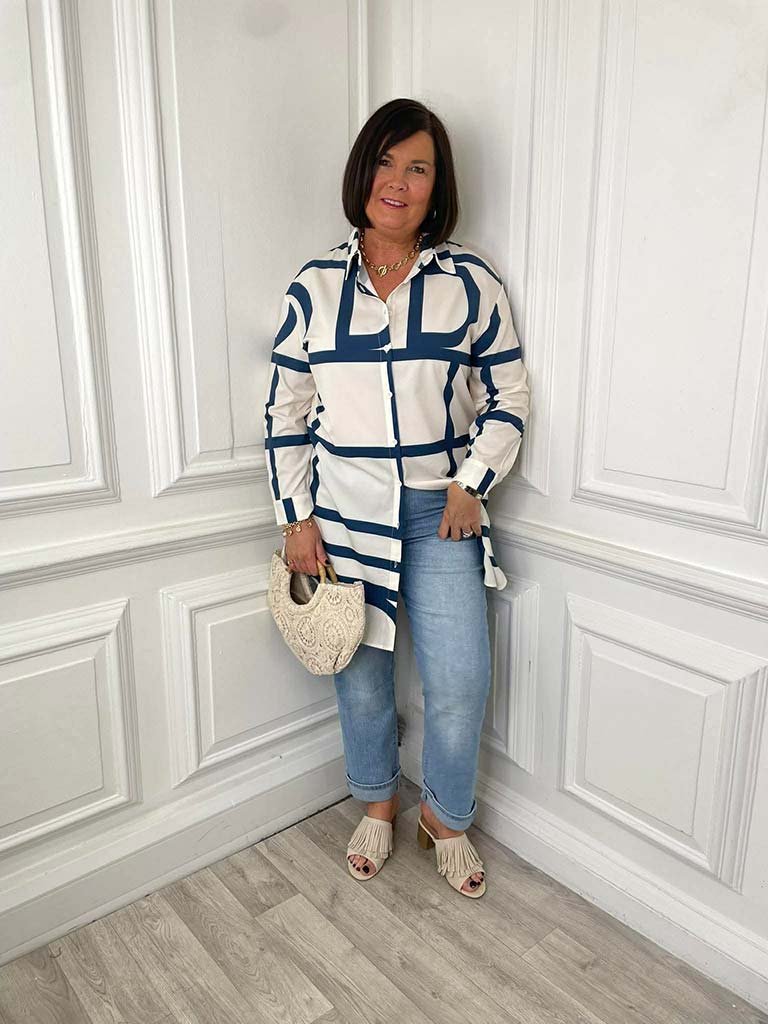 Agata Geometric Shirt Dress - White & Navy