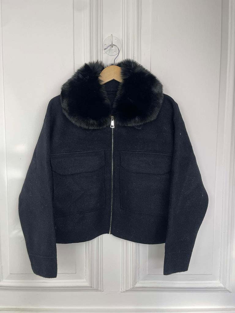 Faux Fur Collar Knitted Jacket - Black