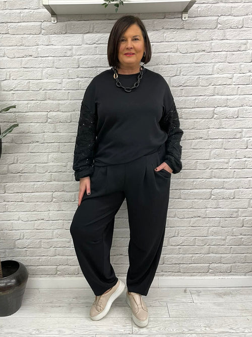 Soya Concept Banu Lace Sleeve Sweatshirt - Black