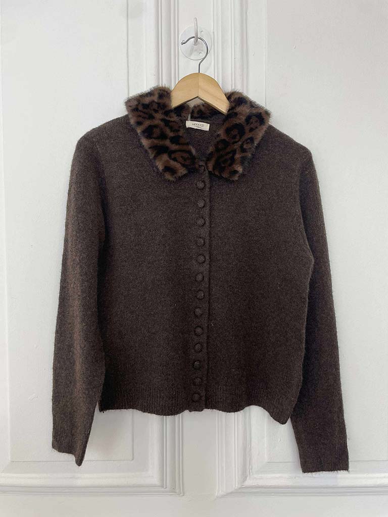 Faux Fur Collar Cardigan - Chocolate